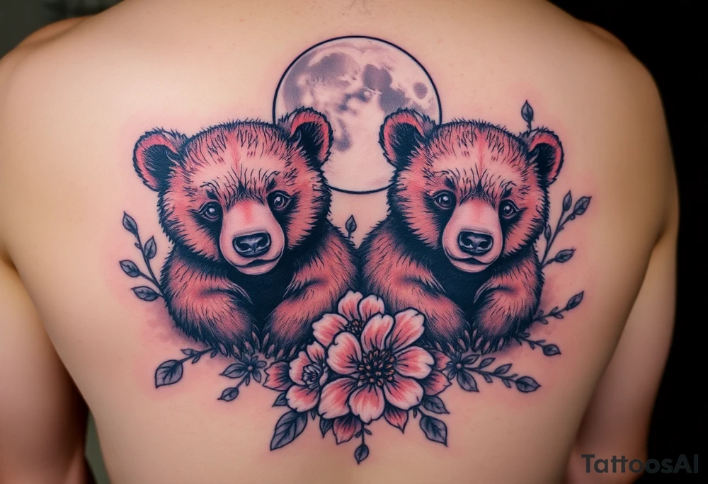 Tattoo, two realsistic baby brown bears, moon, colored carnations and vines, 9-28-14, "Bear is life", tattoo idea