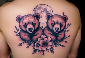 Tattoo, two realsistic baby brown bears, moon, colored carnations and vines, 9-28-14, "Bear is life", tattoo idea
