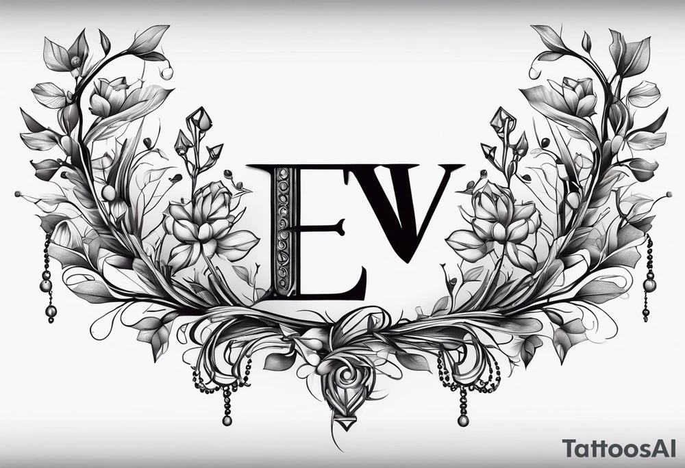 black and white tattoo around the leg in the design of a twig with beads below which hang three letters, namely the letter E, V and A tattoo idea