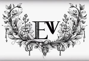black and white tattoo around the leg in the design of a twig with beads below which hang three letters, namely the letter E, V and A tattoo idea