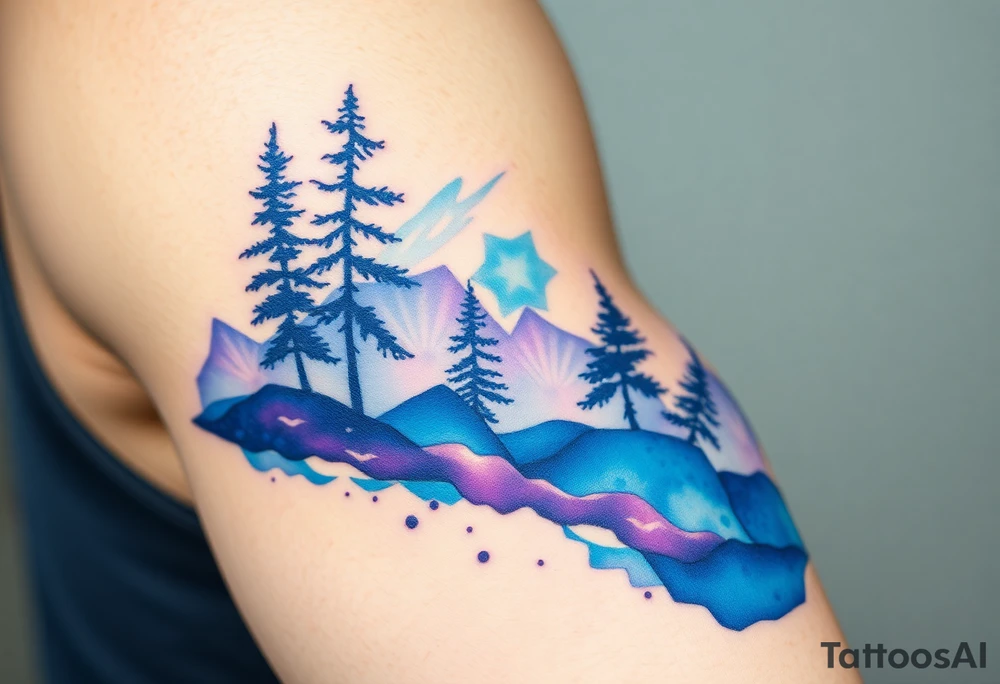 Beautiful scene in  nature blue qnd purple tattoo idea