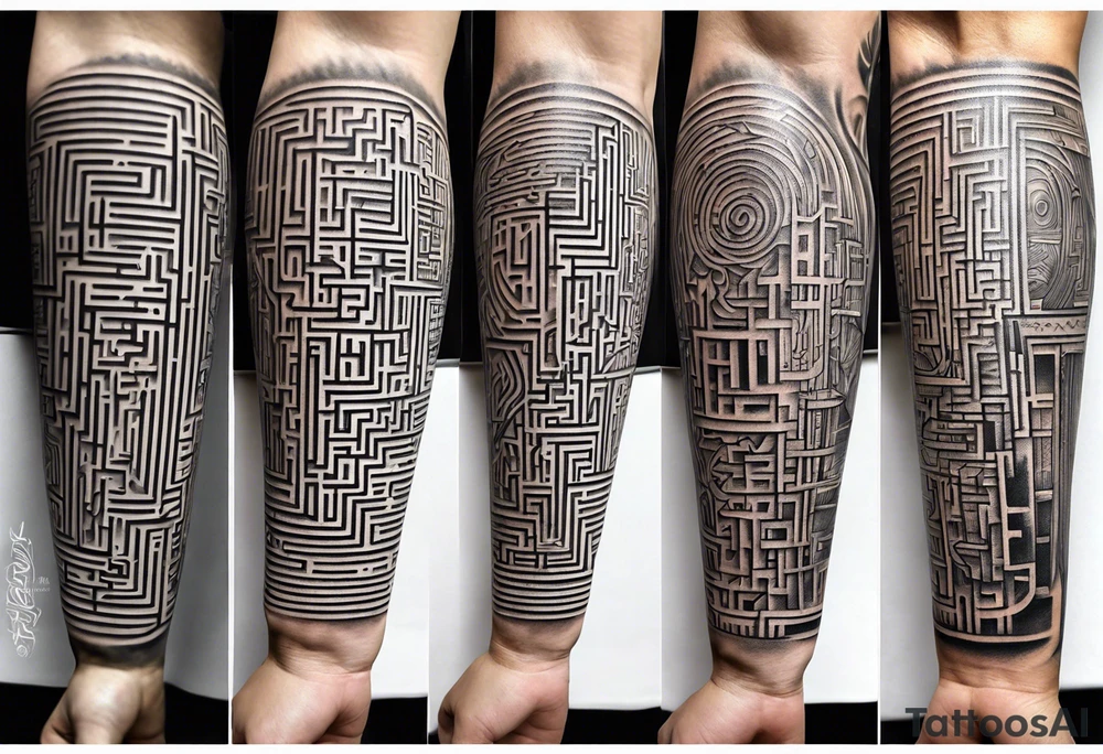 A three deminsional maze tattoo covering the arm in a sleeve with tattoo idea