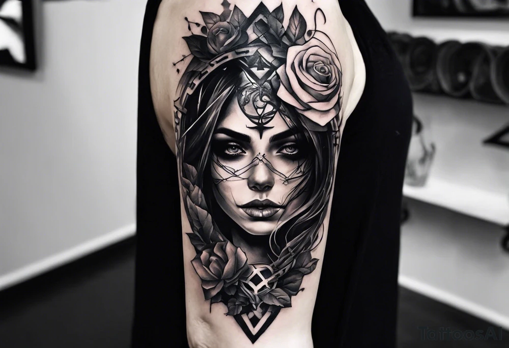 A sleeve tattoo whose elements seem to be connected into one story. Elements on the tattoo: a skull with a rose sticking out of the eye, plants, a girl’s face turning into roots, a destroyed old chain, a broken sword, a butterfly and you can add some connecting elements tattoo idea