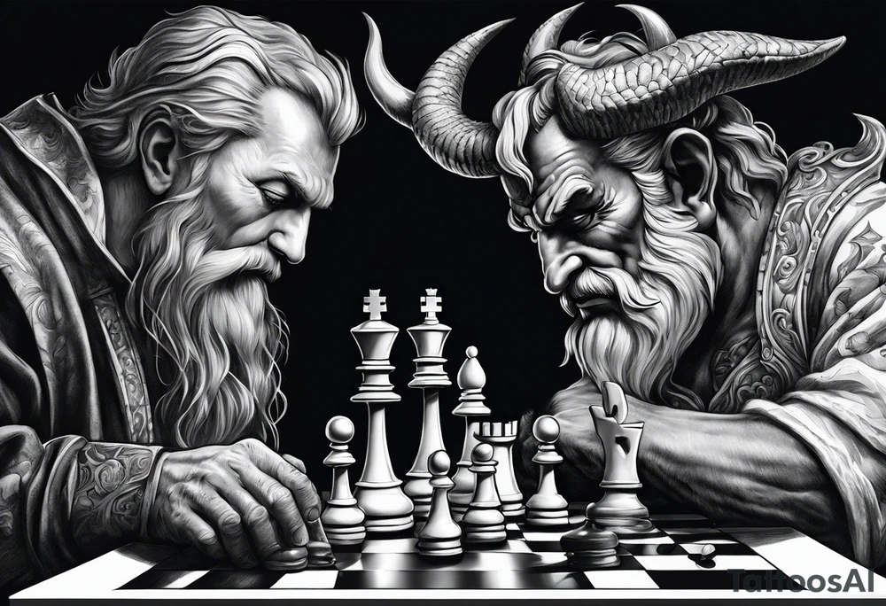 god and demon hands playing chess tattoo idea