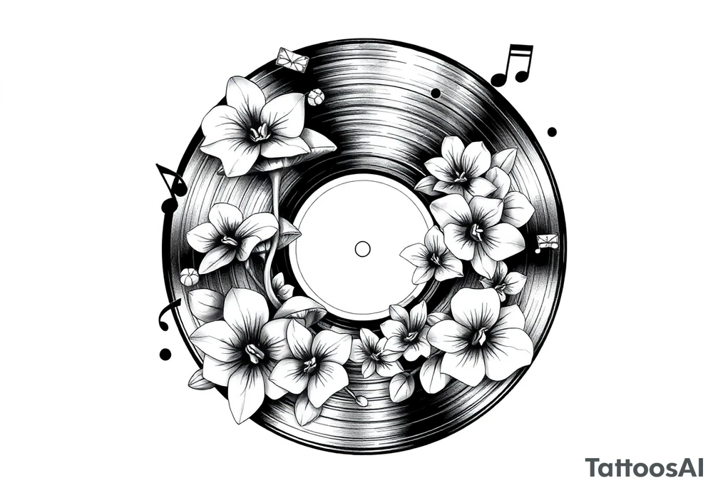 one black and white vinyl record with mushrooms, orchids, and music notes around it tattoo idea