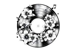 one black and white vinyl record with mushrooms, orchids, and music notes around it tattoo idea