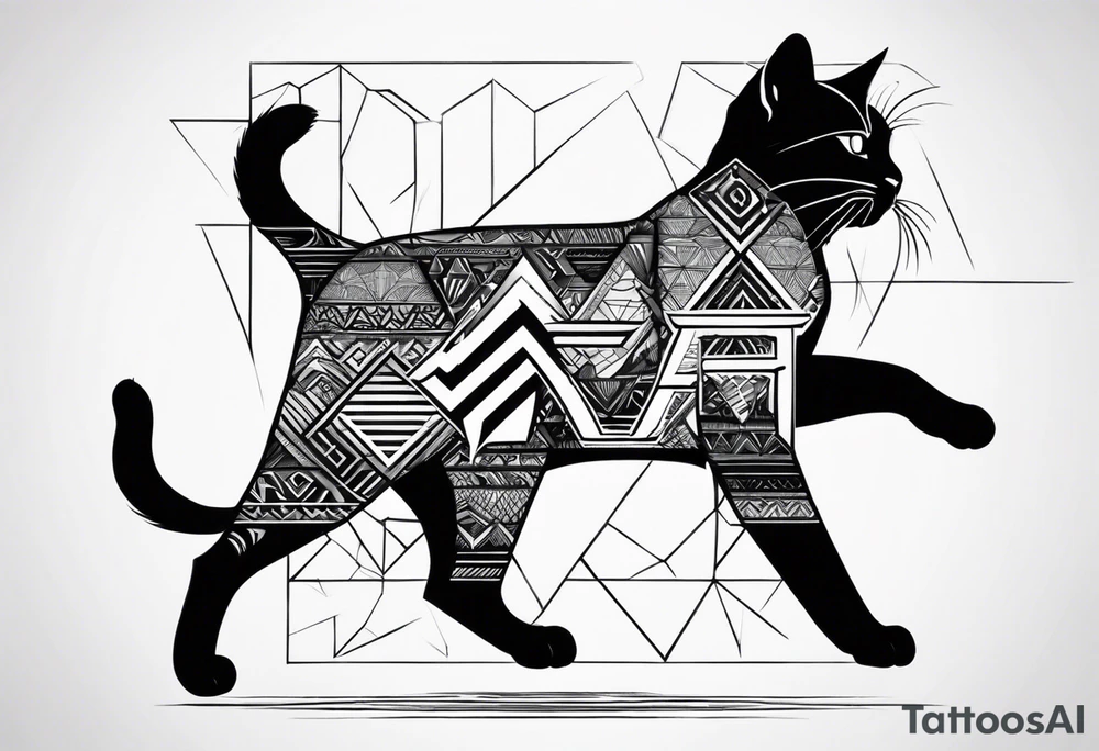 a walking cat with the letter W, I, T and 10 on its body as pattern tattoo idea