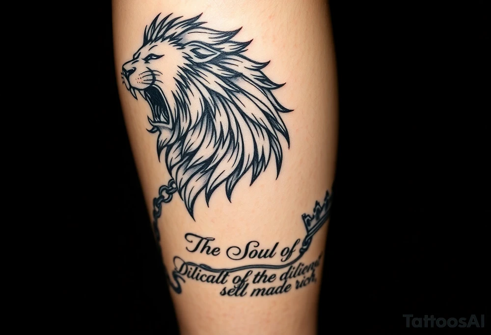 On calf

Top of calf:
	•	Roaring lion (discipline, kingship)

Below:
	•	Broken chain (laziness)
	•	Crown resting on a Bible or stone tablet

Text:
	•	The main line: “The soul of the diligent shall be made rich.” larger
	•	First half smaller above or below
	•	Proverbs reference under the lion’s jaw

This works well if your cover-up needs bold contrast and texture (lion’s mane hides a lot). tattoo idea