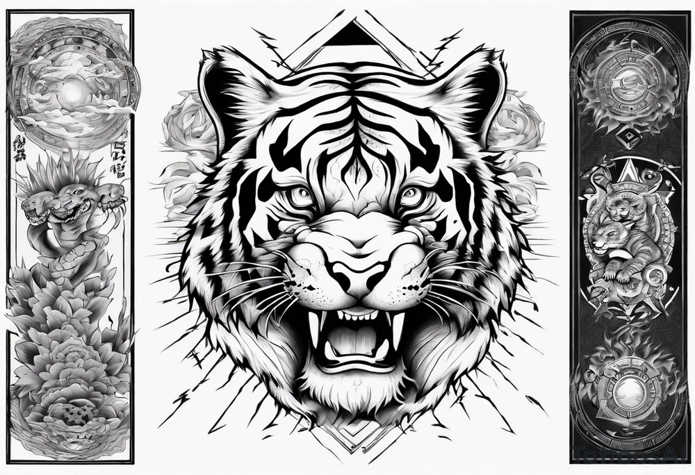Ancient tiger with lightning and a sun for a forearm sleeve. With patterns surrounding it tattoo idea