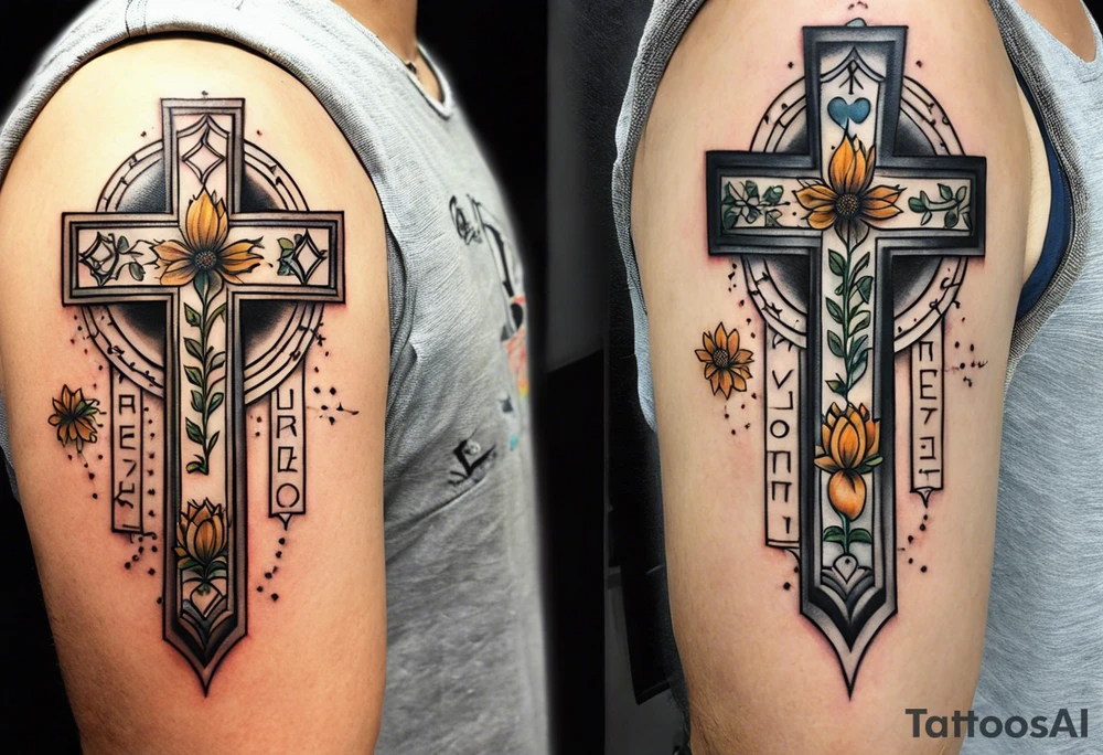 A cross with my family’s names on it names are Peter Lori Kyle and around Peter’s name put a motercycle and a bear around loris name put a sunflower and a heart and around Kyle’s name put a baseball and electricity tattoo idea