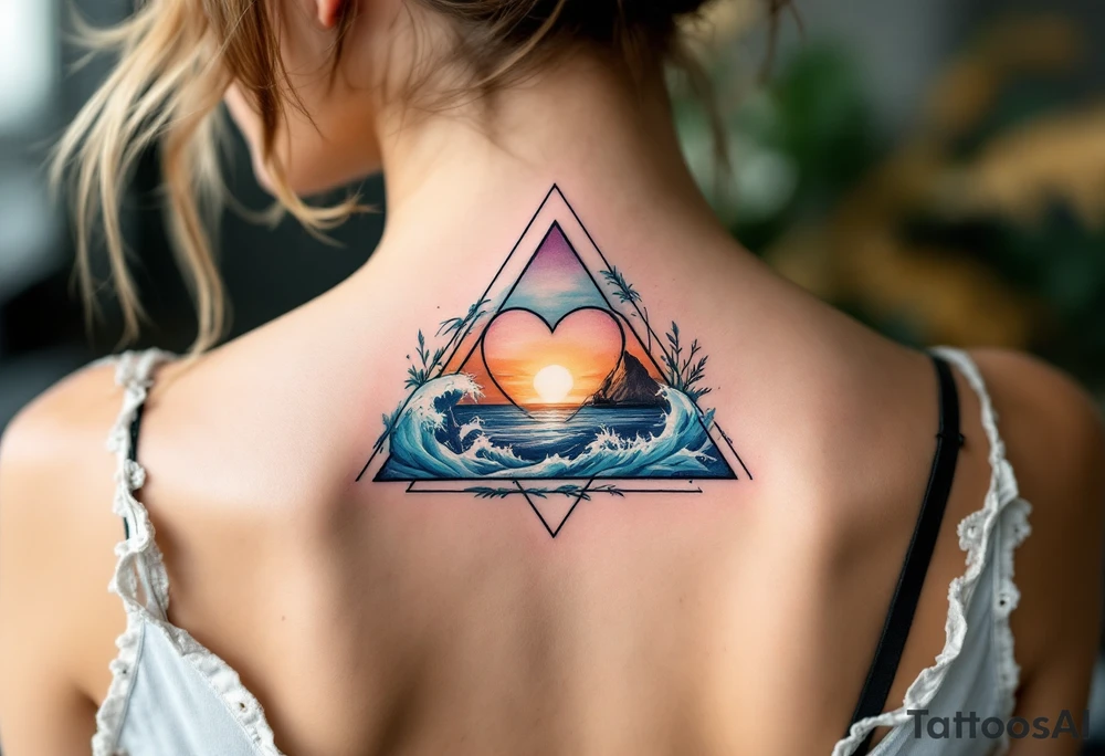 A triangle with a big heart in the center with an ocean travel theme tattoo idea