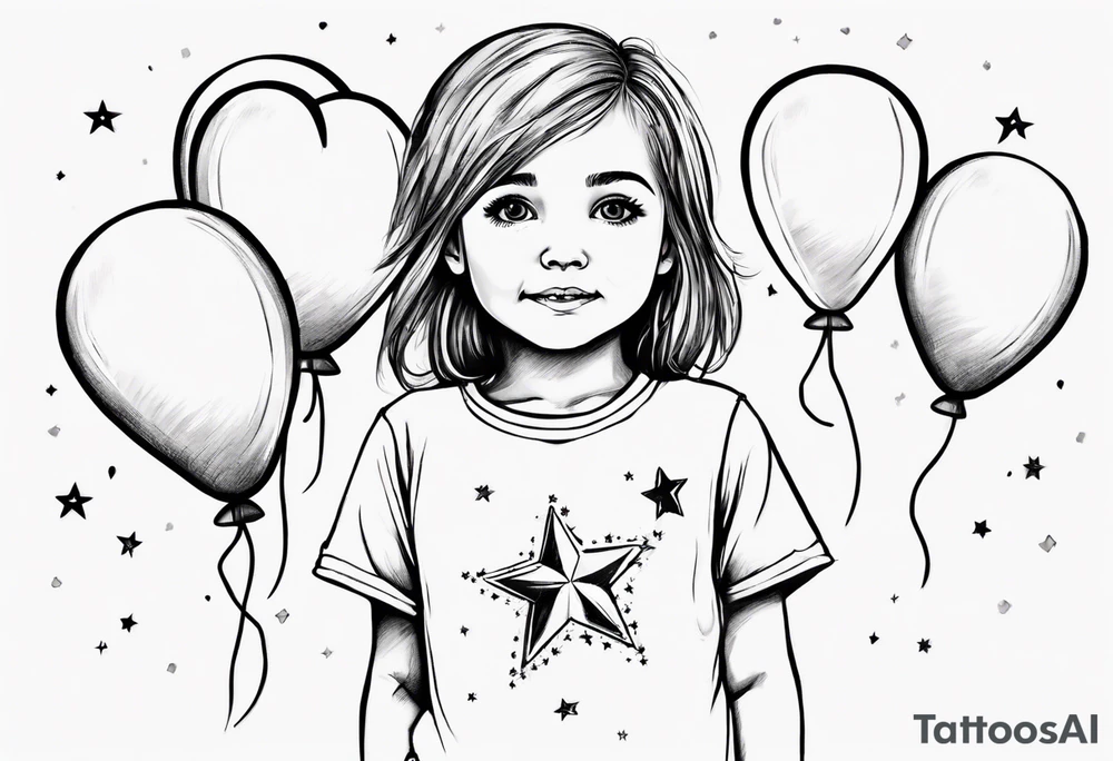 Little girl holding on to heart and star balloons and wearing a T-shirt saying ‘dream’ , going up to the sky tattoo idea