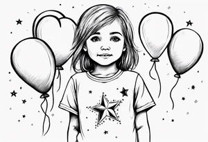 Little girl holding on to heart and star balloons and wearing a T-shirt saying ‘dream’ , going up to the sky tattoo idea