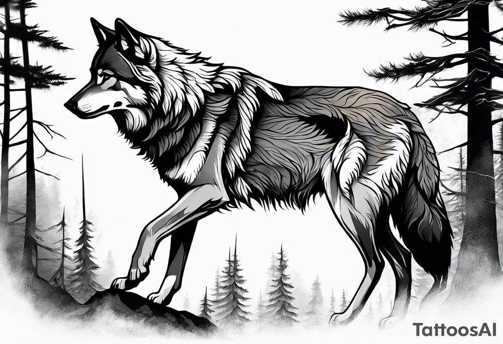 Forest in wolf body tattoo idea