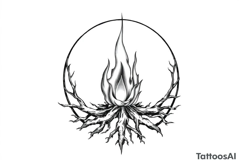 a round flame imprisoned in a roots circle tattoo idea