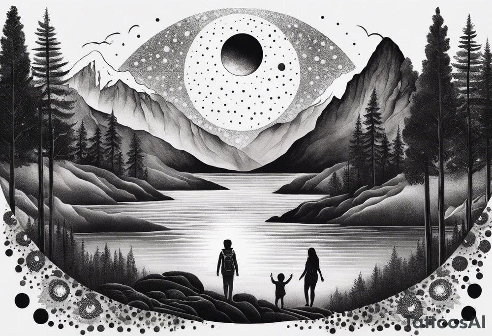 nature with mountains, waterfall, water, and a family of three in the background and and moon/sun in the sky with stars tattoo idea