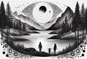 nature with mountains, waterfall, water, and a family of three in the background and and moon/sun in the sky with stars tattoo idea