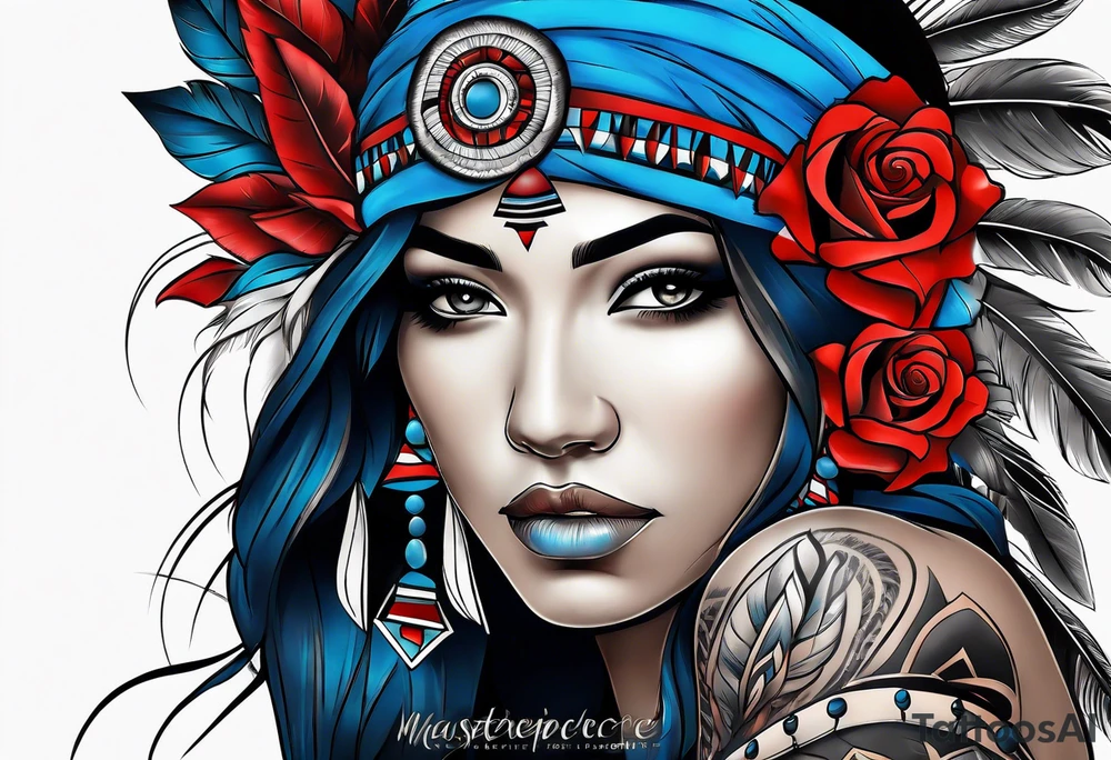 Native American woman Colored blue and red roses tattoo idea
