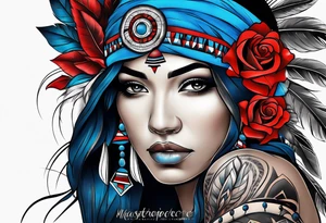 Native American woman Colored blue and red roses tattoo idea