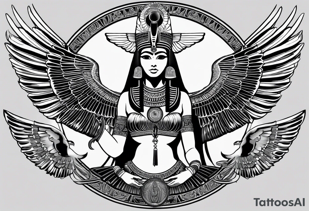 black and white Egyptian goddess Isis, who is often depicted as a woman with outstretched wings, holding an ankh (a symbol of life) in one hand and a lotus flower in the other. Her headdress often includes a throne or a solar disk. The tattoo design can vary in style and size, but it typically aims to capture the essence of this revered Egyptian deity, emphasizing her beauty, power, and maternal qualities. The choice of colors and additional elements can also be customized to create a unique and visually striking representation of the goddess Isis tattoo idea