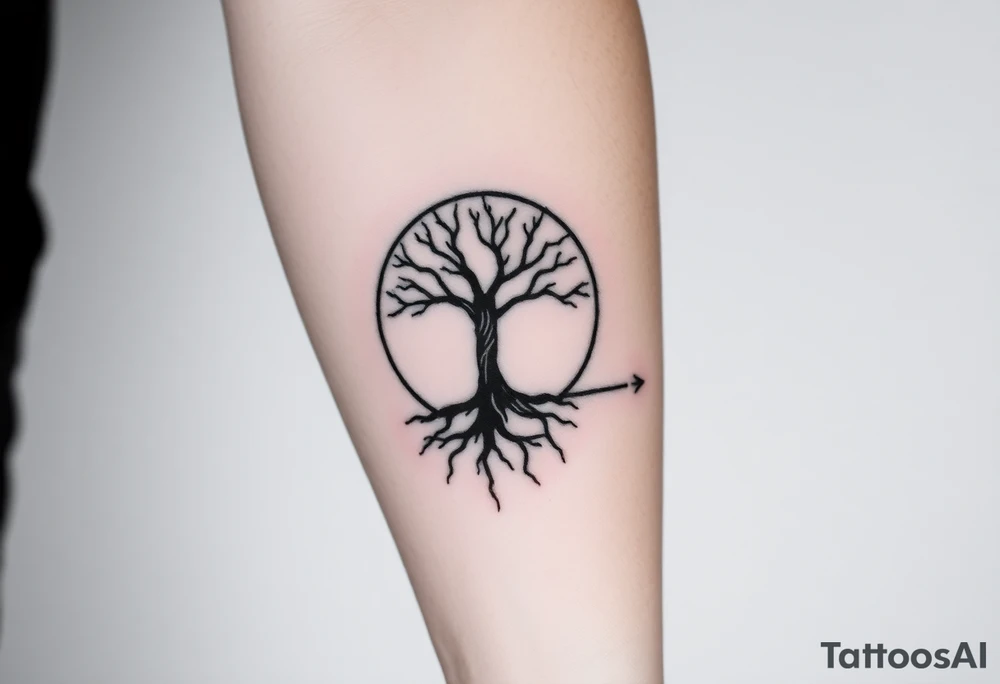 Tree inside of sun, spiral circle roots. A line moving to the right tattoo idea