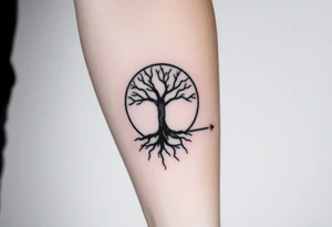 Tree inside of sun, spiral circle roots. A line moving to the right tattoo idea