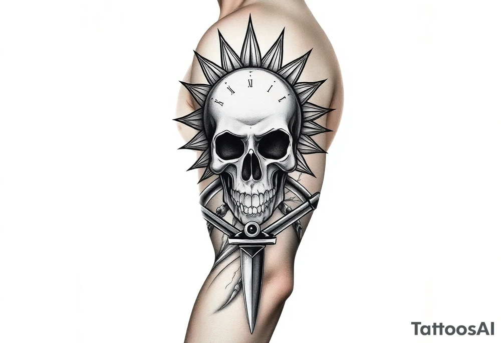 Skull and crossbones, sun, clock face, dagger tattoo idea
