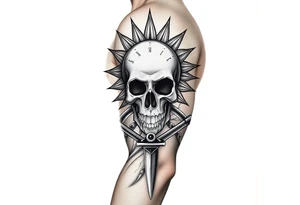 Skull and crossbones, sun, clock face, dagger tattoo idea