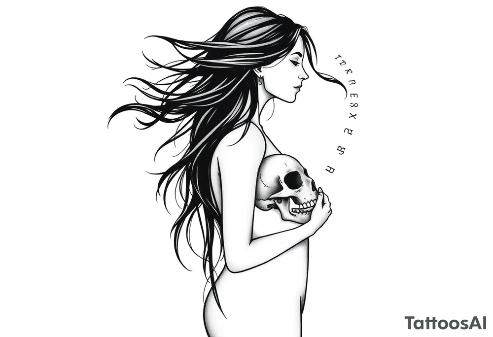 Woman in profile with hair blowing in a wind holding a skull.  Viking runes in the background tattoo idea