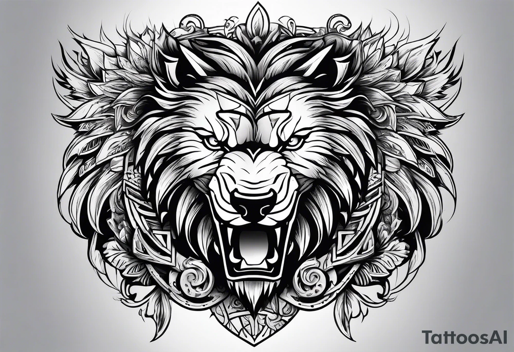 a eagle a lion and a wolf half face tattoo idea