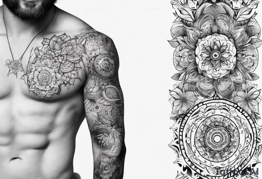 man with tattoos on both arms. from shoulder to elbow , each tattoo with beautiful women mixed with mandalas tattoo idea