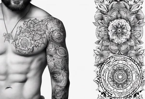 man with tattoos on both arms. from shoulder to elbow , each tattoo with beautiful women mixed with mandalas tattoo idea