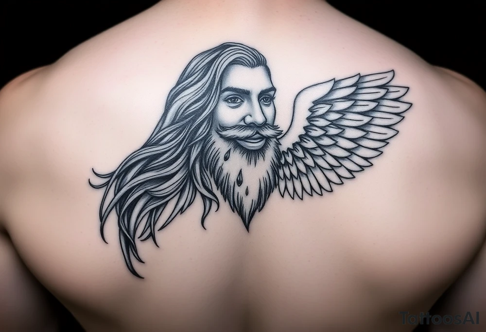 Male with long hair and beard flowing in the wing with smile on face tattoo idea