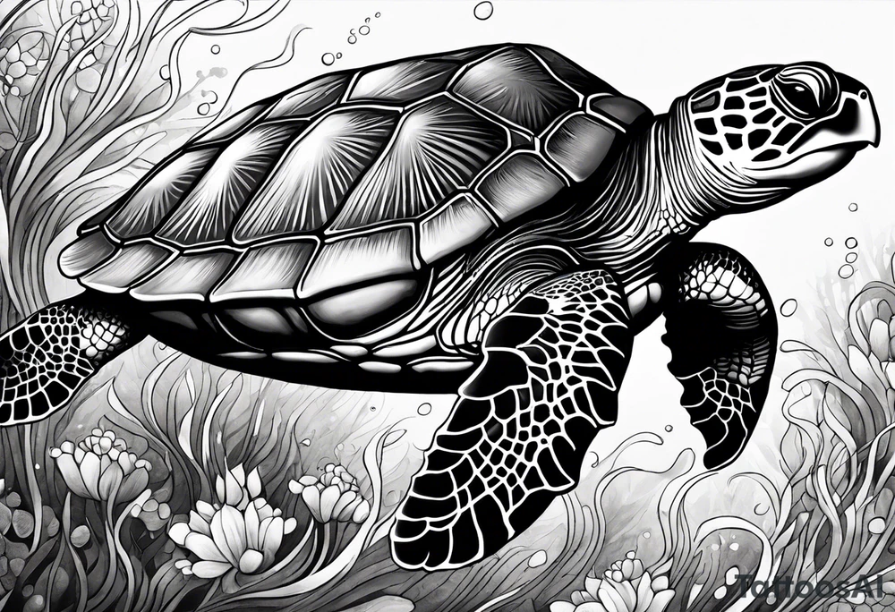 A serene turtle swimming underwater, detailed shell patterns visible, symbolizing patience and longevity.” tattoo idea