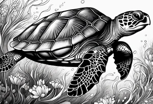 A serene turtle swimming underwater, detailed shell patterns visible, symbolizing patience and longevity.” tattoo idea