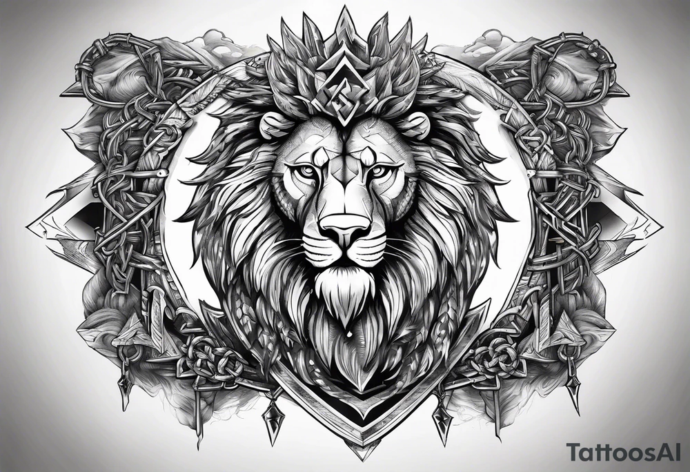 Valhalla sword shield  axe lion 
Valknut barbed wire chains tattoo idea