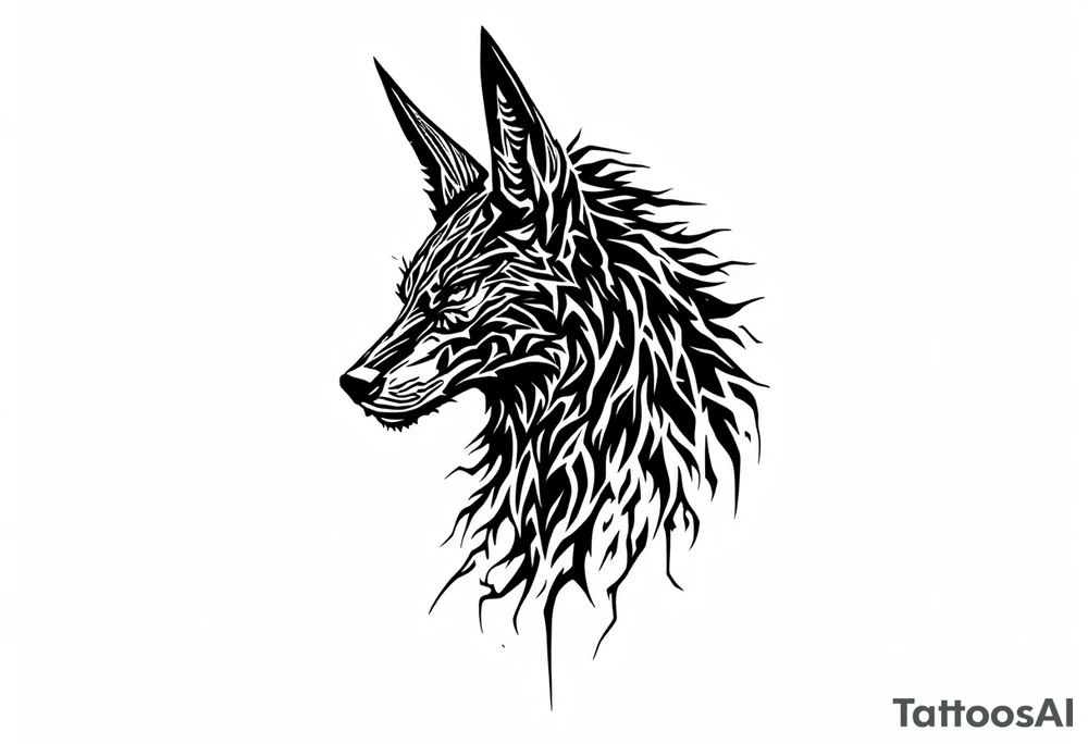 a creature that looks strongly like a combination of Anubis, and a black hound, with the tall pointy ears of a jackal, looking back, serious and daring tattoo idea