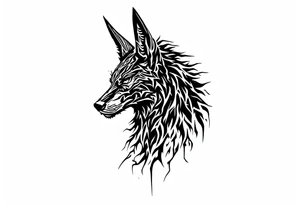 a creature that looks strongly like a combination of Anubis, and a black hound, with the tall pointy ears of a jackal, looking back, serious and daring tattoo idea