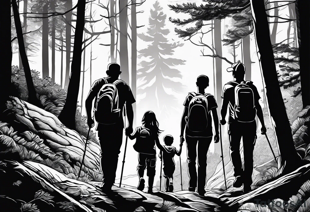 A man  with his family hiking through the Forrest. Add Mexican American tone tattoo idea