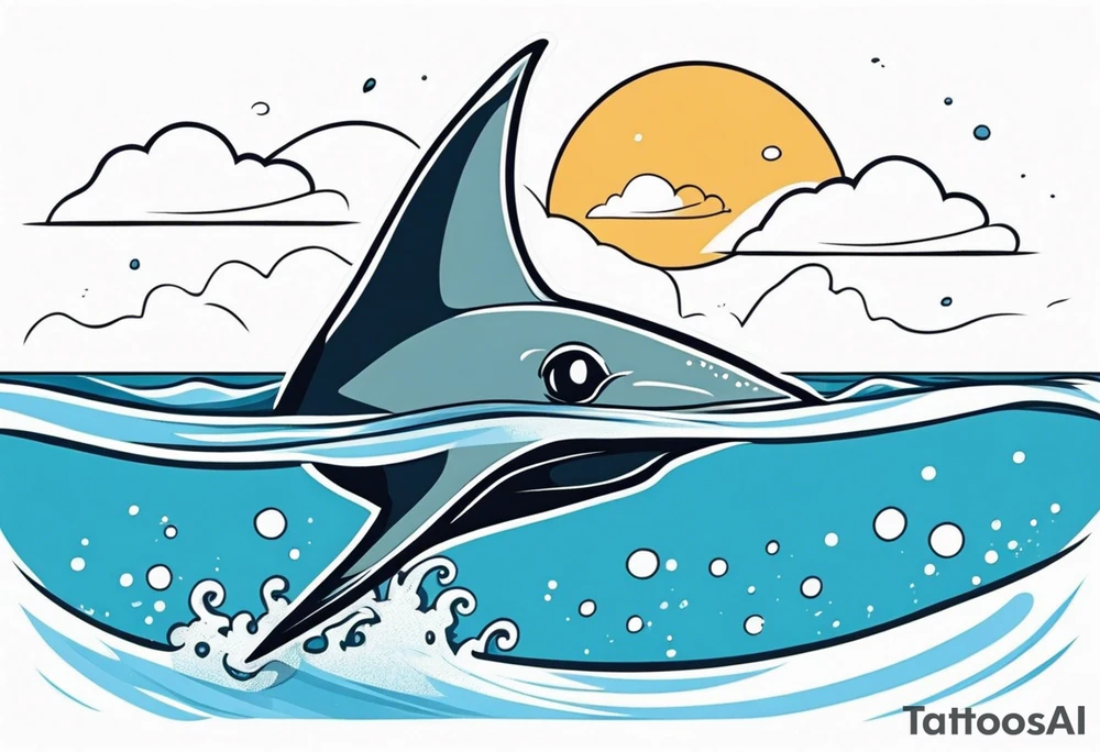 cute eagle ray leaping out of ocean, cartoon tattoo idea
