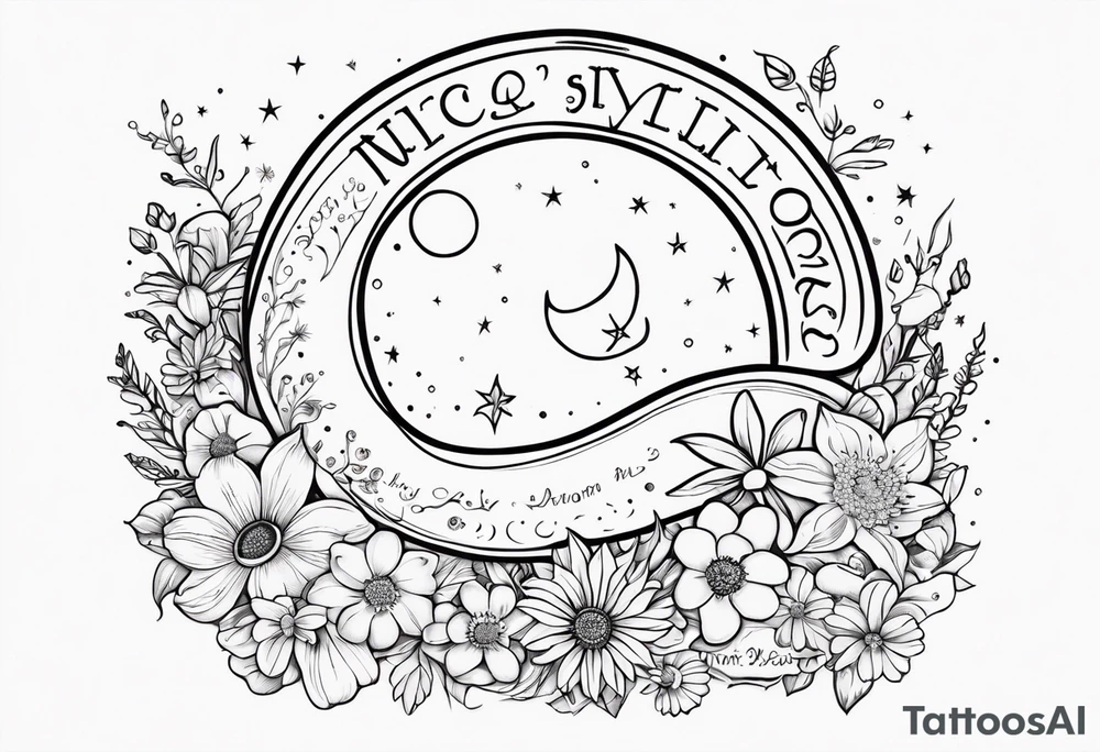 Crescent moon with daisy's, lily’s, crystals, and mushrooms tattoo idea