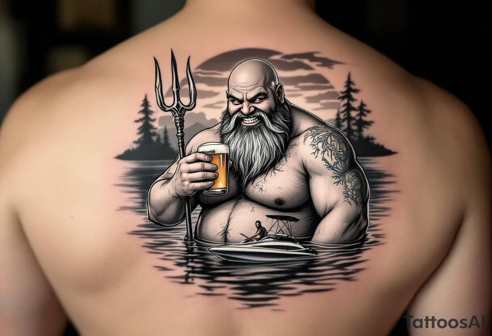 young, happy, fat, balding, poseidon in calm water, holding a trident, drinking a beer, with sunset, with ski boat, with bunny teeth tattoo idea