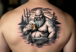 young, happy, fat, balding, poseidon in calm water, holding a trident, drinking a beer, with sunset, with ski boat, with bunny teeth tattoo idea