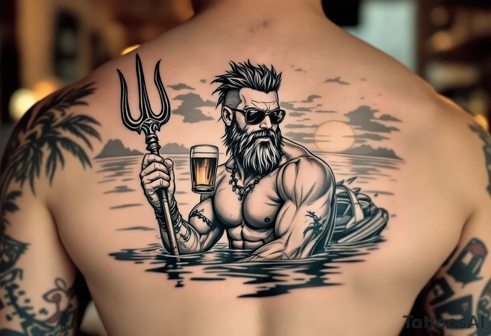 young, happy, fit, short hair, poseidon in calm water, holding a trident, drinking a beer, with sunset, with ski boat, with sunglasses tattoo idea