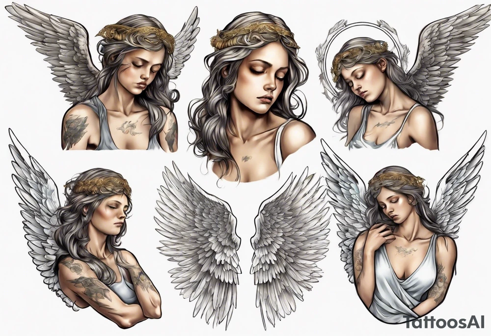 Exhausted guardian angel with halo and broken wing tattoo idea