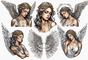 Exhausted guardian angel with halo and broken wing tattoo idea