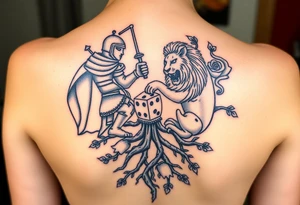 knight and Lion intertwined with tree roots and roses rolling dice tattoo idea