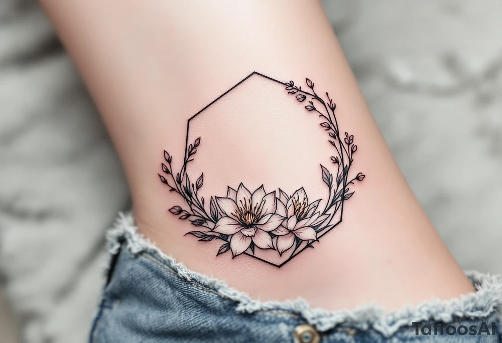 Faint Hexagon with Leo, larkspur and water lilies in the center tattoo idea