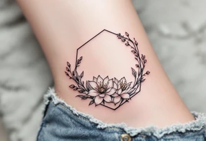 Faint Hexagon with Leo, larkspur and water lilies in the center tattoo idea