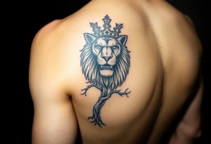 powerful majestic lion with a crown with a tree and for upper arm tattoo idea